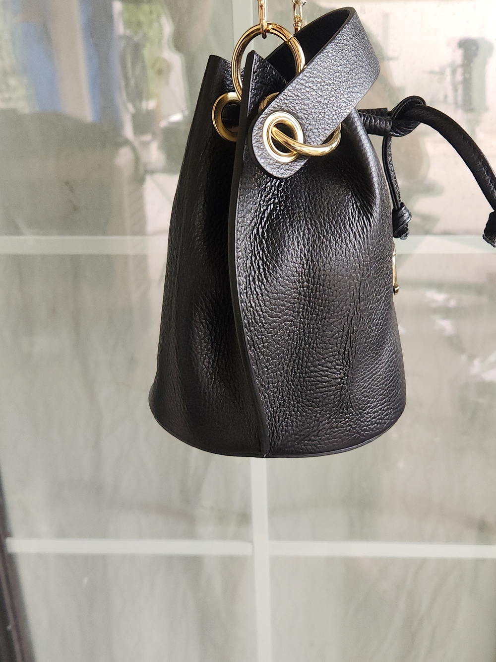Black Leather Drawstring Bucket Bag with Chain Strap - Picture 5 of 10